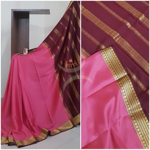 Pink with maroon 50 grams pure mysore silk crepe with traditional border and striped pallu. Saree comes with plain maroon blouse matching pallu.