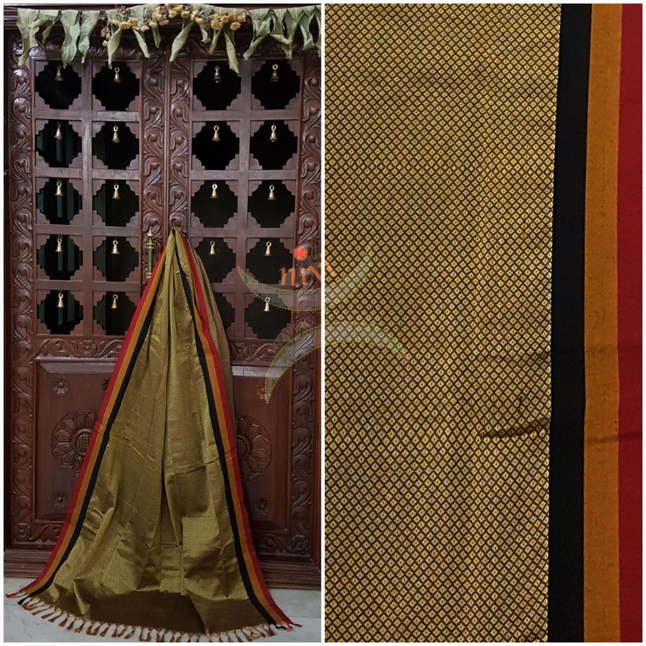 Gold Khun/Khana Dupatta with contrasting multi colored border.