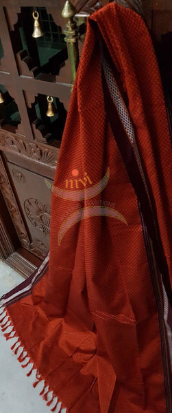 Orange Khun/Khana Dupatta with contrasting maroon border.