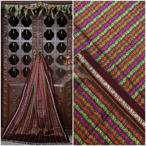 Multi color Khun/Khana Dupatta with elephant motif and contrasting maroon border.