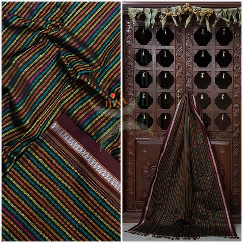 Multi coloured  Khun/Khana Dupatta with contrasting maroon border.