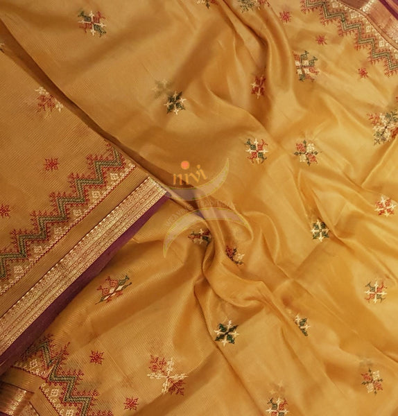 Mustard  with red Kota Cotton Kasuti embroidered Duppata with Traditional motifs.