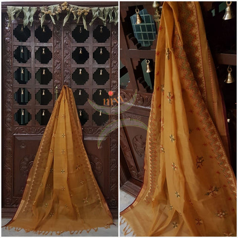 Mustard  with red Kota Cotton Kasuti embroidered Duppata with Traditional motifs.