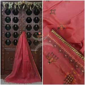 Peach with gold kota cotton Kasuti embroidered duppata  with Traditional anne ambari motifs.