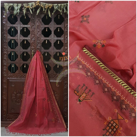 Peach with gold kota cotton Kasuti embroidered duppata  with Traditional anne ambari motifs.