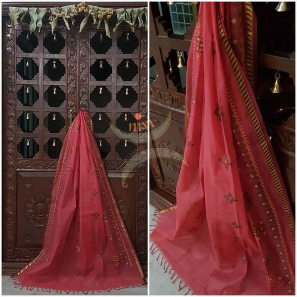 Peach with gold kota cotton Kasuti embroidered duppata  with Traditional anne ambari motifs.
