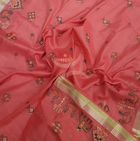 Peach with gold kota cotton Kasuti embroidered duppata with Traditional anne gopura motifs.