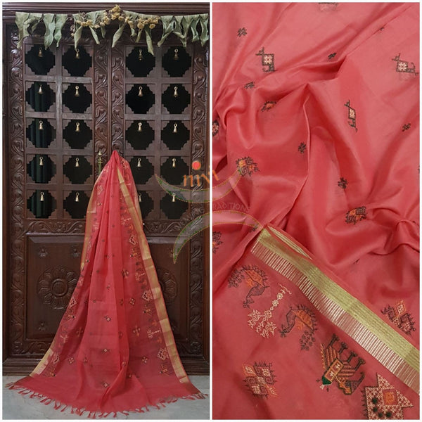 Peach with gold kota cotton Kasuti embroidered duppata with Traditional anne gopura motifs.