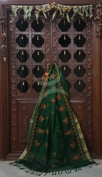Green with gold kota cotton Kasuti embroidered duppata  with Traditional anne ambari motifs.
