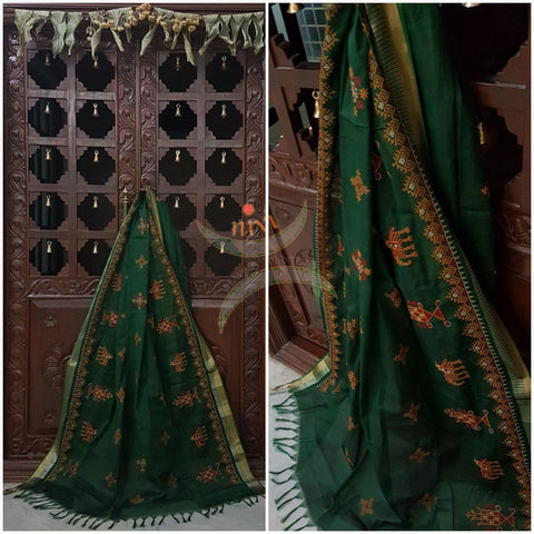 Green with gold kota cotton Kasuti embroidered duppata  with Traditional anne ambari motifs.