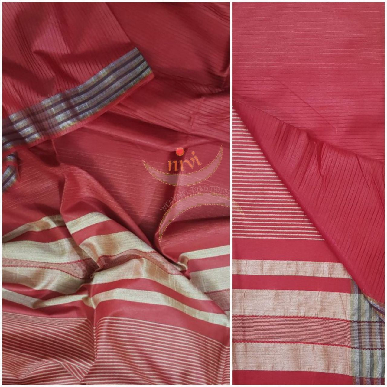 Red bagalpuri tussar with contrasting striped border.