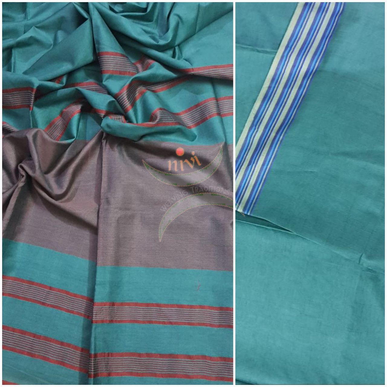 Teal bagalpuri tussar with contrasting striped border.
