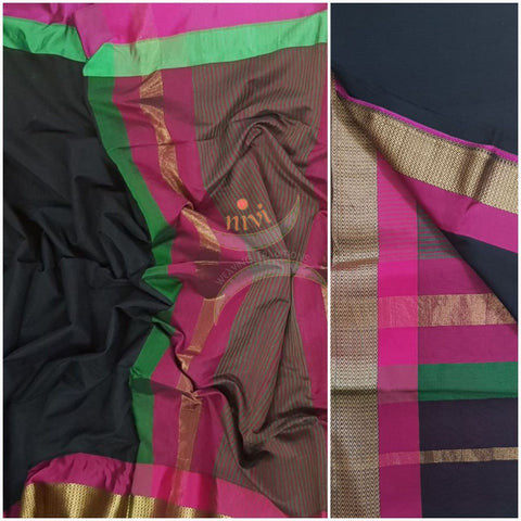 Black merserised cotton with woven zari border and pallu.
