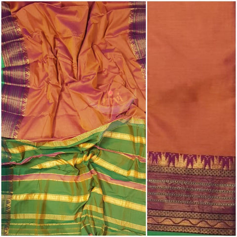 Orange dharwad cotton merserised cotton with traditional green border.