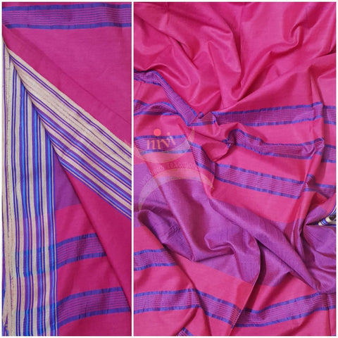 Fuchsia pink bagalpuri tussar with contrasting striped border.