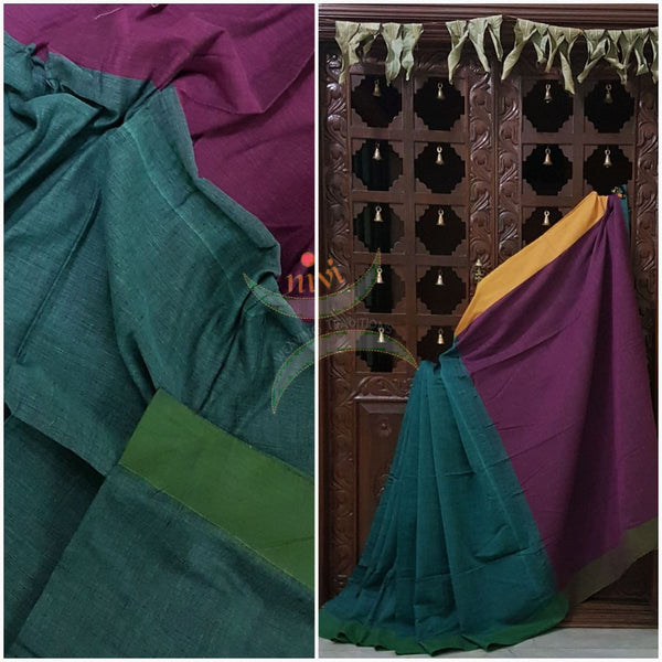 Teal Handloom linen saree with contrast border and pallu.