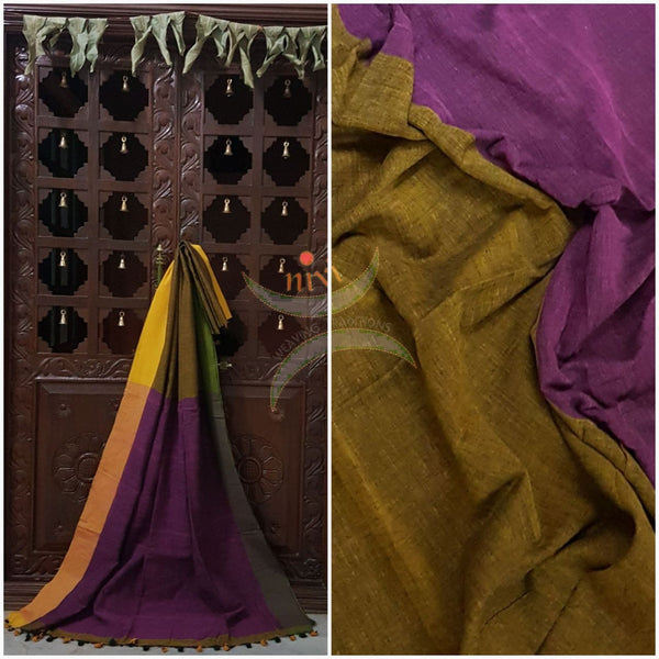 Mehendi green shot of brown Handloom linen saree with contrast border.