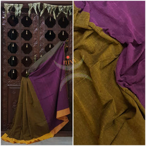 Mehendi green shot of brown Handloom linen saree with contrast border.