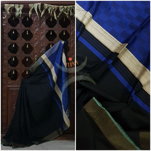 Black with royal blue Bengal Handloom cotton with woven chequared geecha pallu. Saree comes with woven striped blouse . 