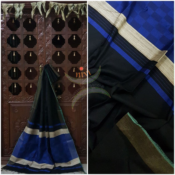 Black with royal blue Bengal Handloom cotton with woven chequared geecha pallu. Saree comes with woven striped blouse . 