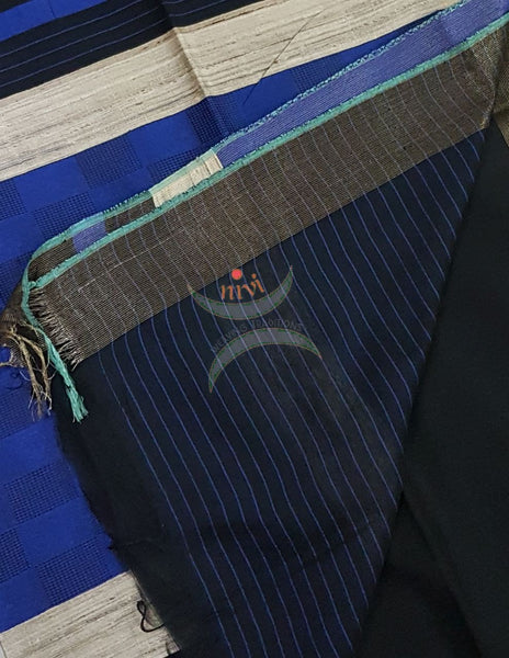 Black with royal blue Bengal Handloom cotton with woven chequared geecha pallu. Saree comes with woven striped blouse . 