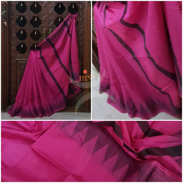 Pink with Black Bengal handloom cotton saree with traditional woven border and striped pallu.