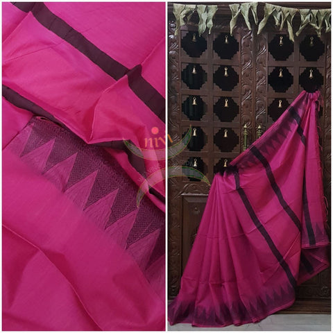 Pink with Black Bengal handloom cotton saree with traditional woven border and striped pallu.
