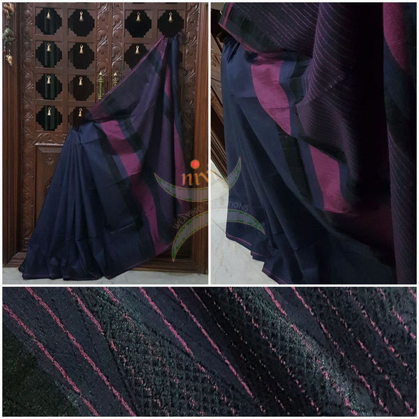 Grey short blue with pink Bengal handloom cotton saree with traditional woven border and striped pallu.