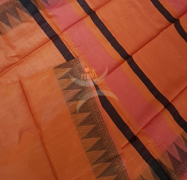 Orange with Black Bengal handloom cotton saree with traditional woven border and striped pallu.