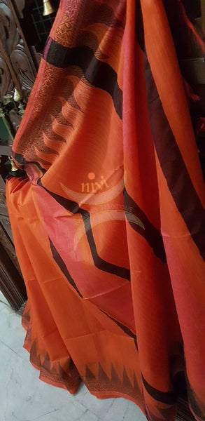 Orange with Black Bengal handloom cotton saree with traditional woven border and striped pallu.