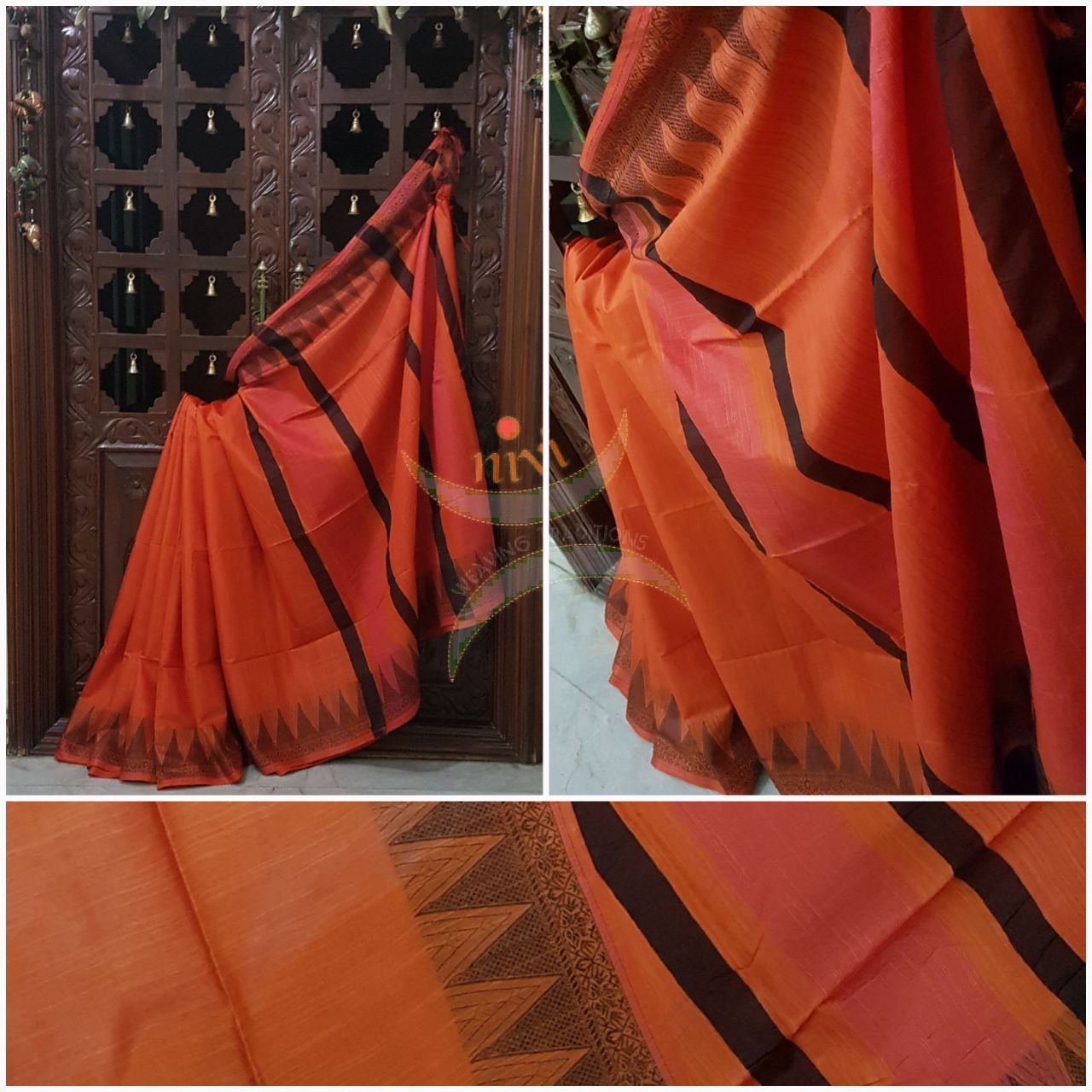 Orange with Black Bengal handloom cotton saree with traditional woven border and striped pallu.