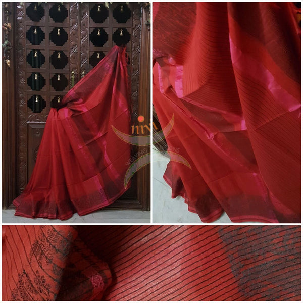 Red with black handloom cotton saree with traditional paisley woven border and striped pallu.