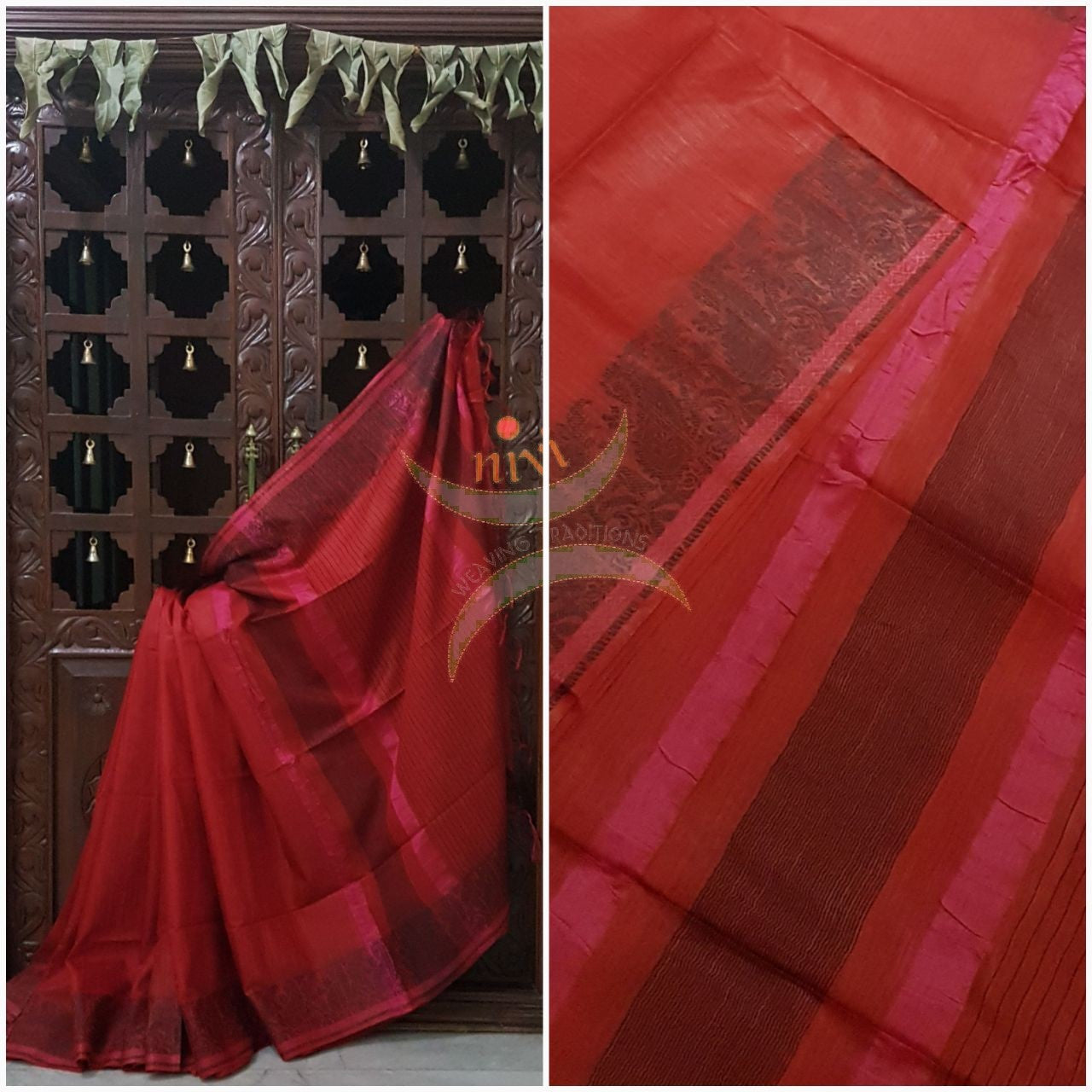 Red with black handloom cotton saree with traditional paisley woven border and striped pallu.