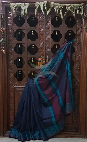 Dark grey with blue handloom cotton saree with traditional paisley woven border and striped pallu.