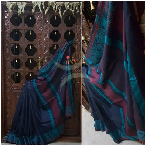 Dark grey with blue handloom cotton saree with traditional paisley woven border and striped pallu.
