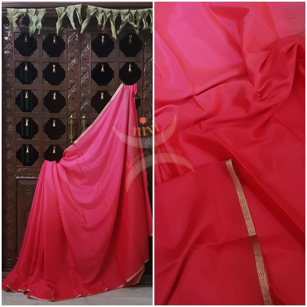 Pink 50 gms Two Tone waterproof pure Silk Crepe with a fine zari border. Saree comes with pure pink crepe blouse in darker tone.