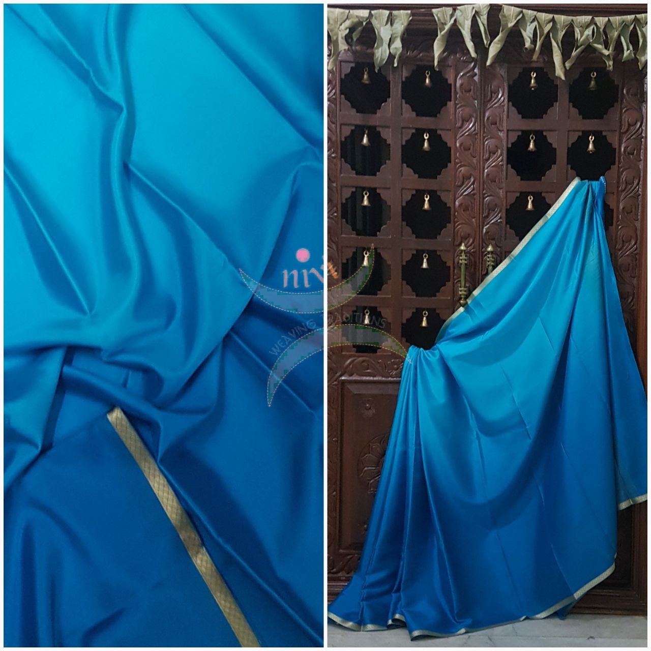 Blue 50 gms Two Tone waterproof pure Silk Crepe with a fine zari border. Saree comes with pure blue crepe blouse in darker tone.