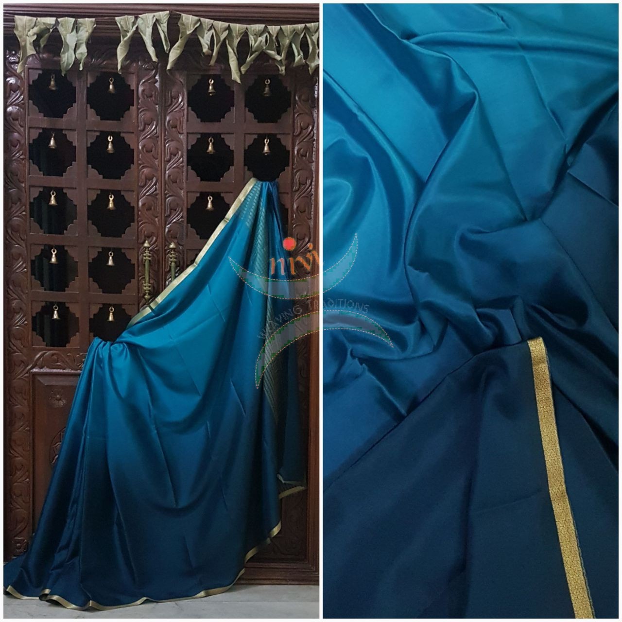 Teal 50 gms Two Tone waterproof pure Silk Crepe with a fine zari border. Saree comes with pure teal crepe blouse in darker tone.