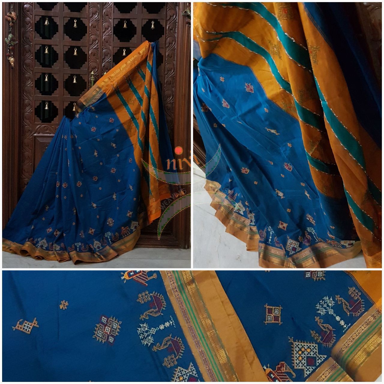 Blue silk cotton ilkal with traditional anne gopura motif kasuti embroidery and mustard tope teni pallu
