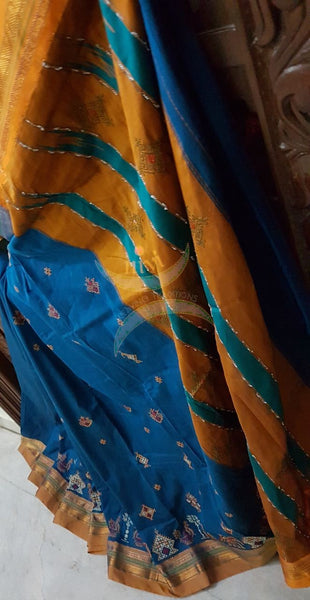 Blue silk cotton ilkal with traditional anne gopura motif kasuti embroidery and mustard tope teni pallu
