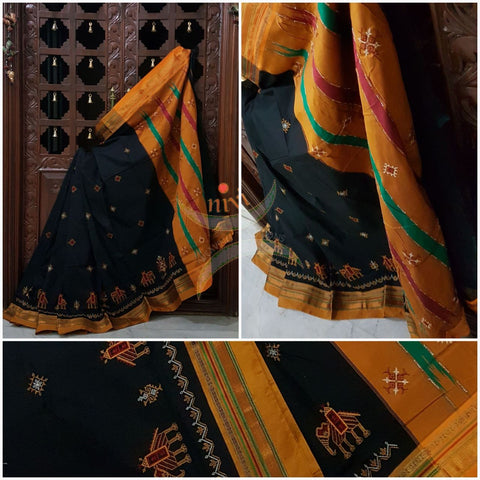 Black silk cotton ilkal with traditional anne ambari motif kasuti embroidery and mustard tope teni pallu