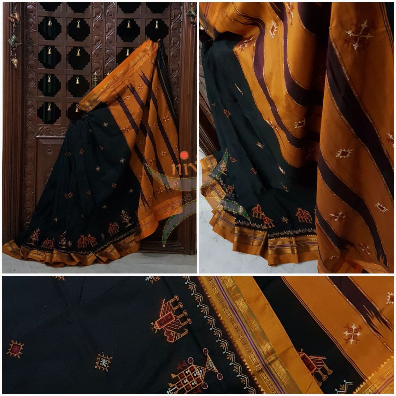Black silk cotton ilkal with traditional anne ambari motif kasuti embroidery and mustard tope teni pallu