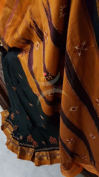 Black silk cotton ilkal with traditional anne ambari motif kasuti embroidery and mustard tope teni pallu