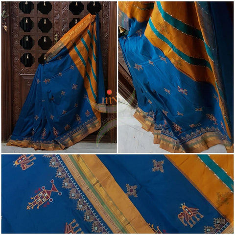 Turquoise blue silk cotton ilkal with traditional anne ambari motif kasuti embroidery and mustard tope teni pallu