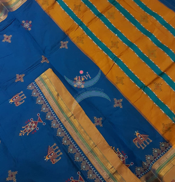 Turquoise blue silk cotton ilkal with traditional anne ambari motif kasuti embroidery and mustard tope teni pallu