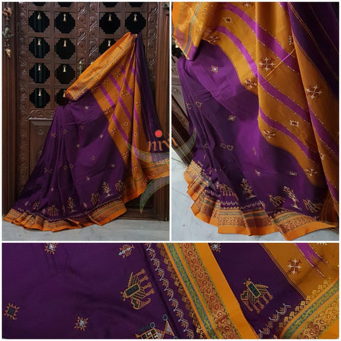 Purple silk cotton ilkal with traditional anne ambari motif kasuti embroidery and mustard tope teni pallu