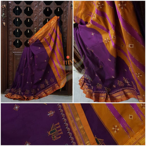 Purple silk cotton ilkal with traditional anne ambari motif kasuti embroidery and mustard tope teni pallu