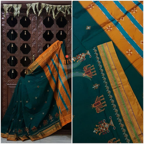 Teal silk cotton ilkal with traditional anne ambari motif kasuti embroidery and mustard tope teni pallu