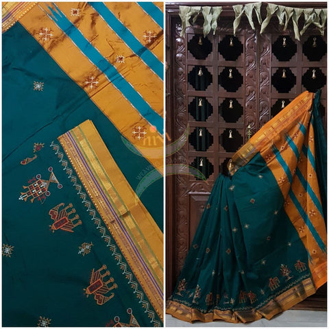 Teal silk cotton ilkal with traditional anne ambari motif kasuti embroidery and mustard tope teni pallu