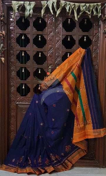 Royal blue silk cotton ilkal with traditional anne ambari motif kasuti embroidery and mustard tope teni pallu